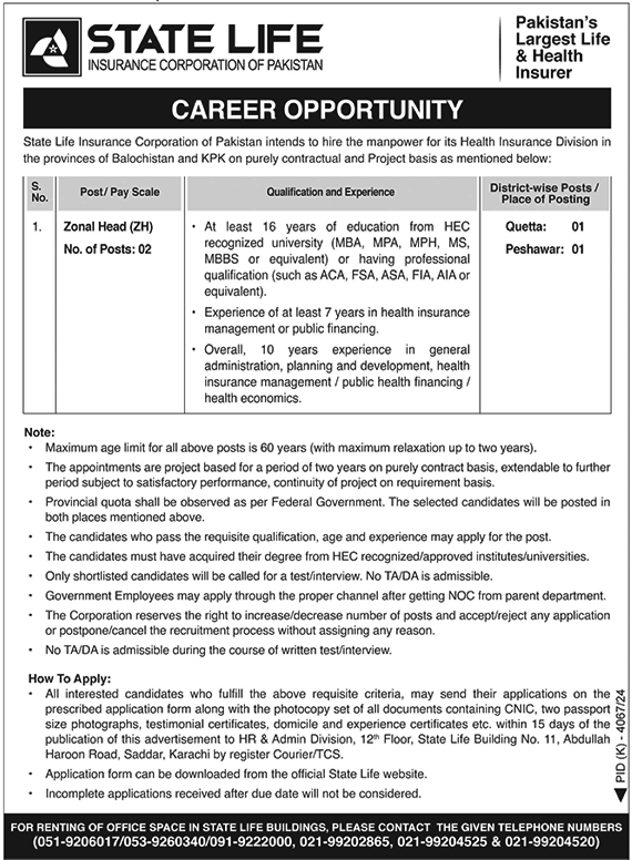 Zonal Head Jobs in State Life Insurance Corporation of Pakistan Karachi